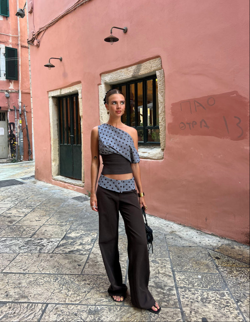 Calça Calsia com acabamento de bolinhas - Marrom/azul